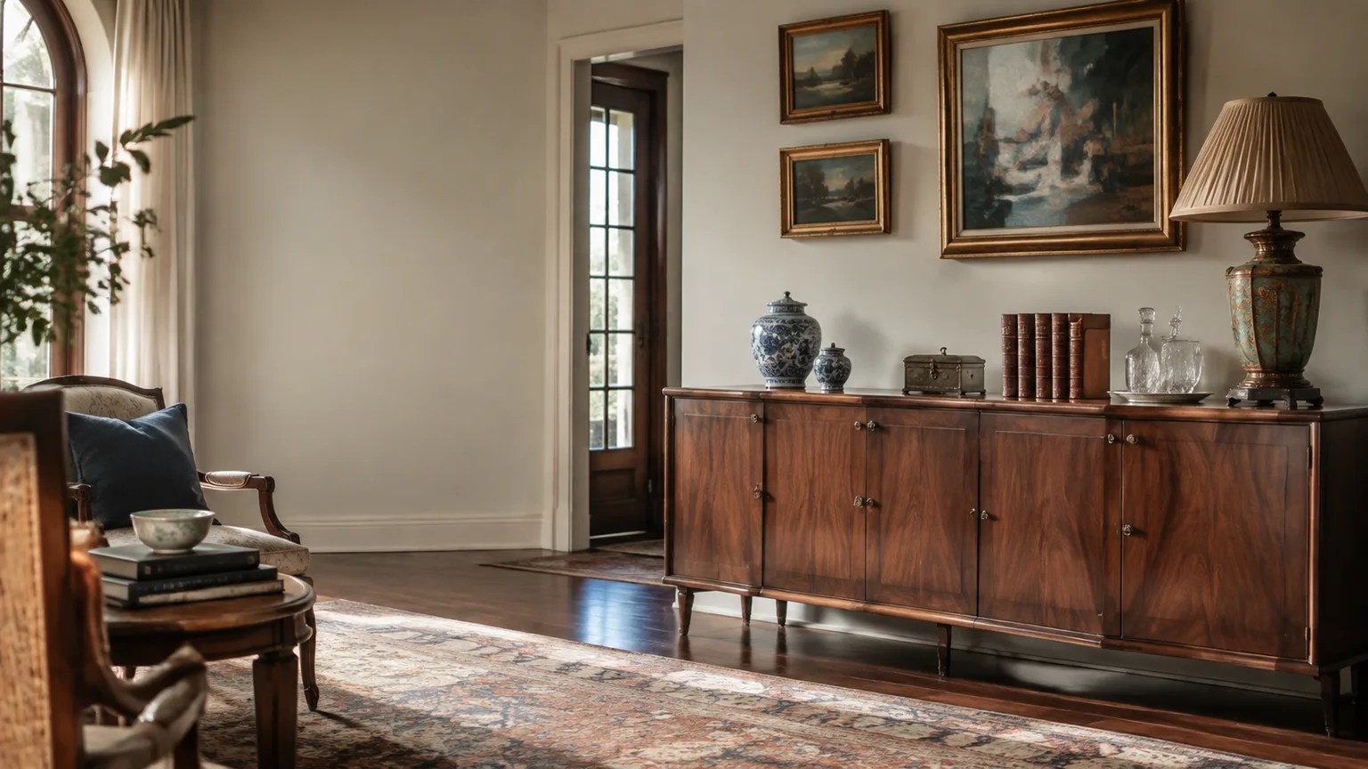 A lived-in residence interior with a walnut sideboard, framed paintings, ceramic vessels, and a table lamp.